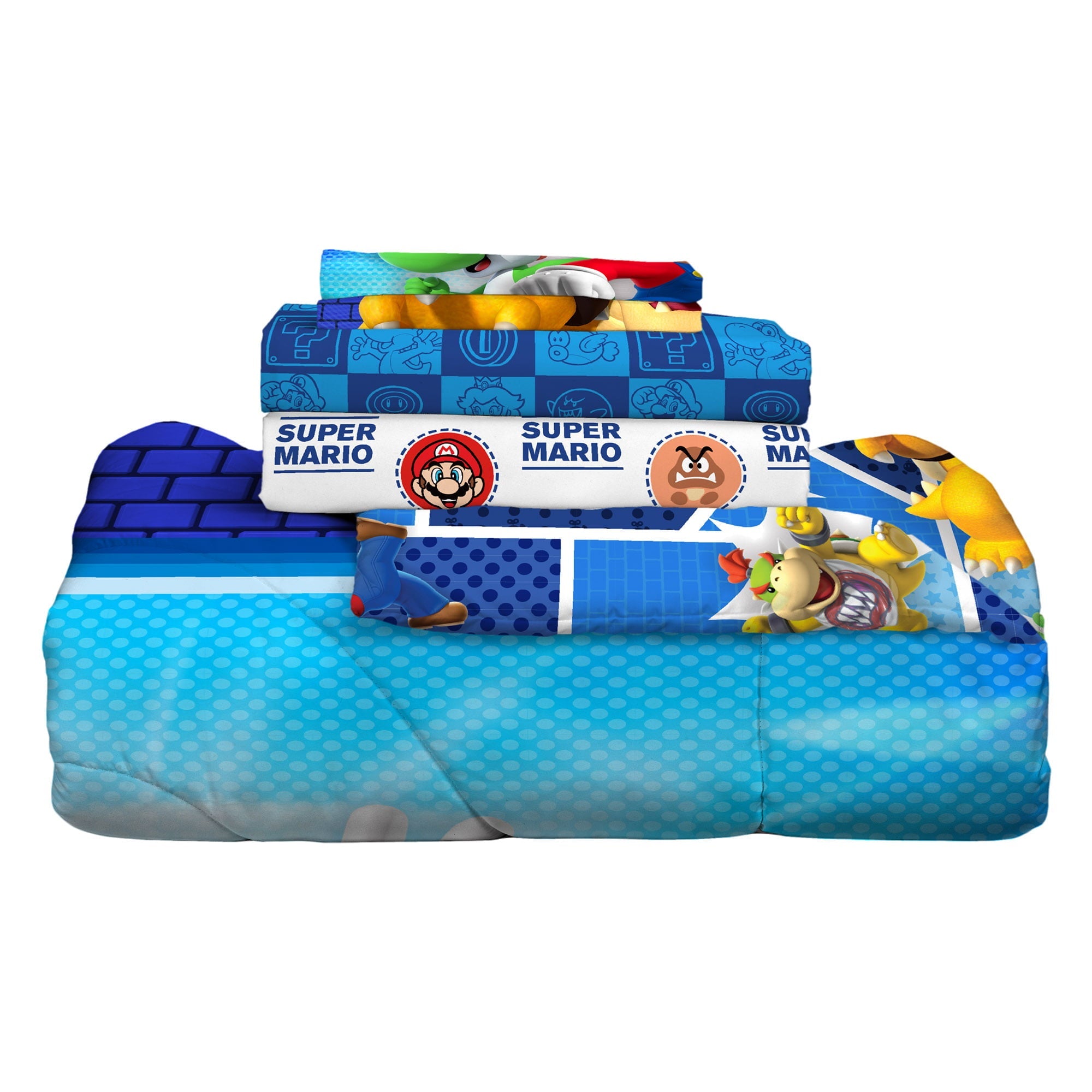 Super Mario Kids Full Bed in a Bag, Gaming Bedding, Comforter and Sheets, Blue, 