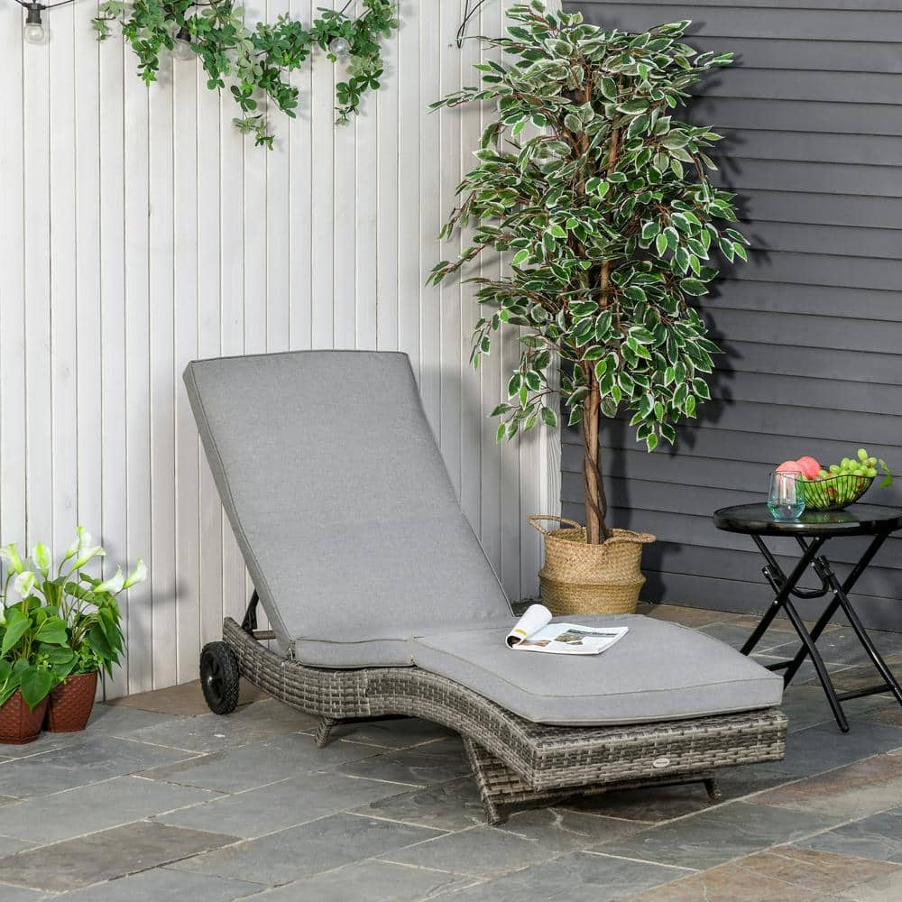 Outsunny Grey Metal Plastic Rattan Outdoor Chaise Lounge Chair with Grey Cushions, 2 Wheels and 5 Backrest Angles 862-030