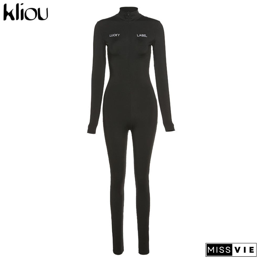 Kliou Letter Embroidery Solid Stacked Zipper Jumpsuits Women Autumn Rompers V-neck High Waist Elastic Female Sporty Streetwear