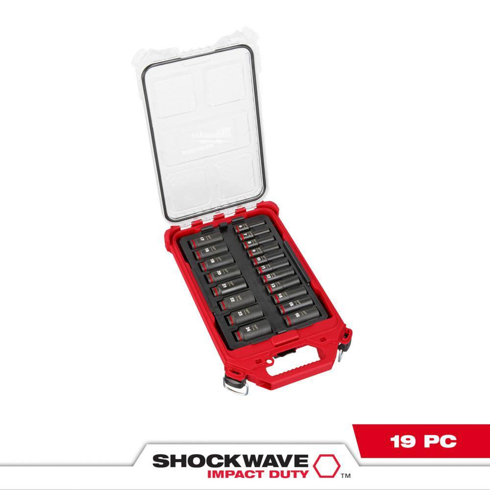 MW SHOCKWAVE Impact-Duty 38 in. Drive Metric Deep Well Impact PACKOUT Socket Set (19-Piece) 49-66-6801