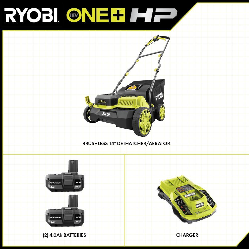 RYOBI ONE+ HP 18V Brushless 14 in. Cordless Battery DethatcherAerator with (2) 4.0 Ah Batteries and Charger P2740