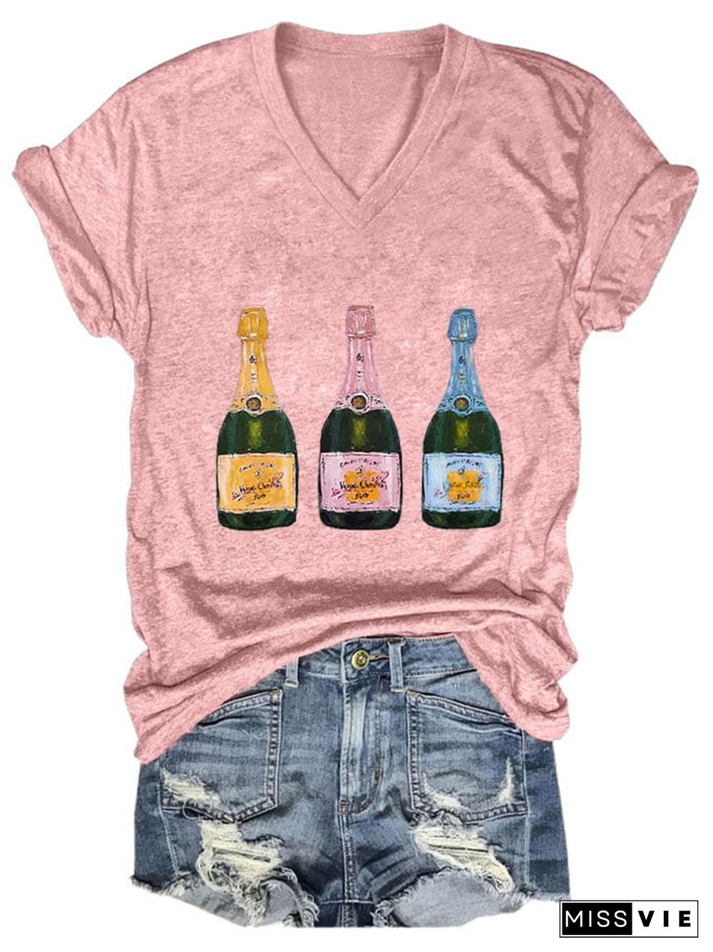 Women's Christmas Champagne Print V-Neck T-Shirt