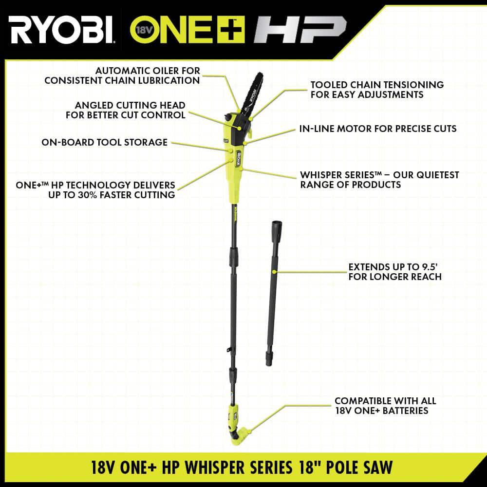 RYOBI ONE HP 18V Brushless Whisper Series 8 in Cordless Pole Saw with Extra Chain Bar and Chain Oil Battery and Charger