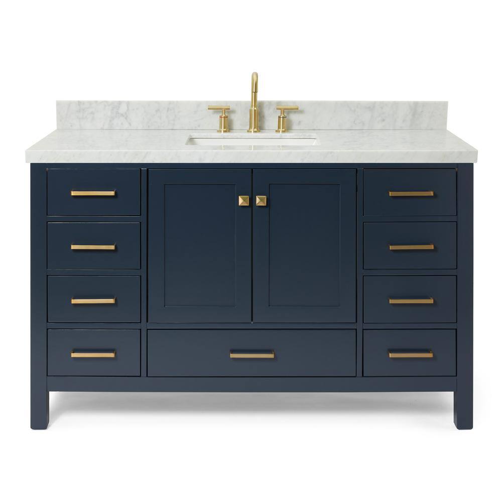 ARIEL Cambridge 55 in. W x 22 in. D Vanity in Midnight Blue with Marble Vanity Top in Carrara White with White Basin A055SCWRVOMNB