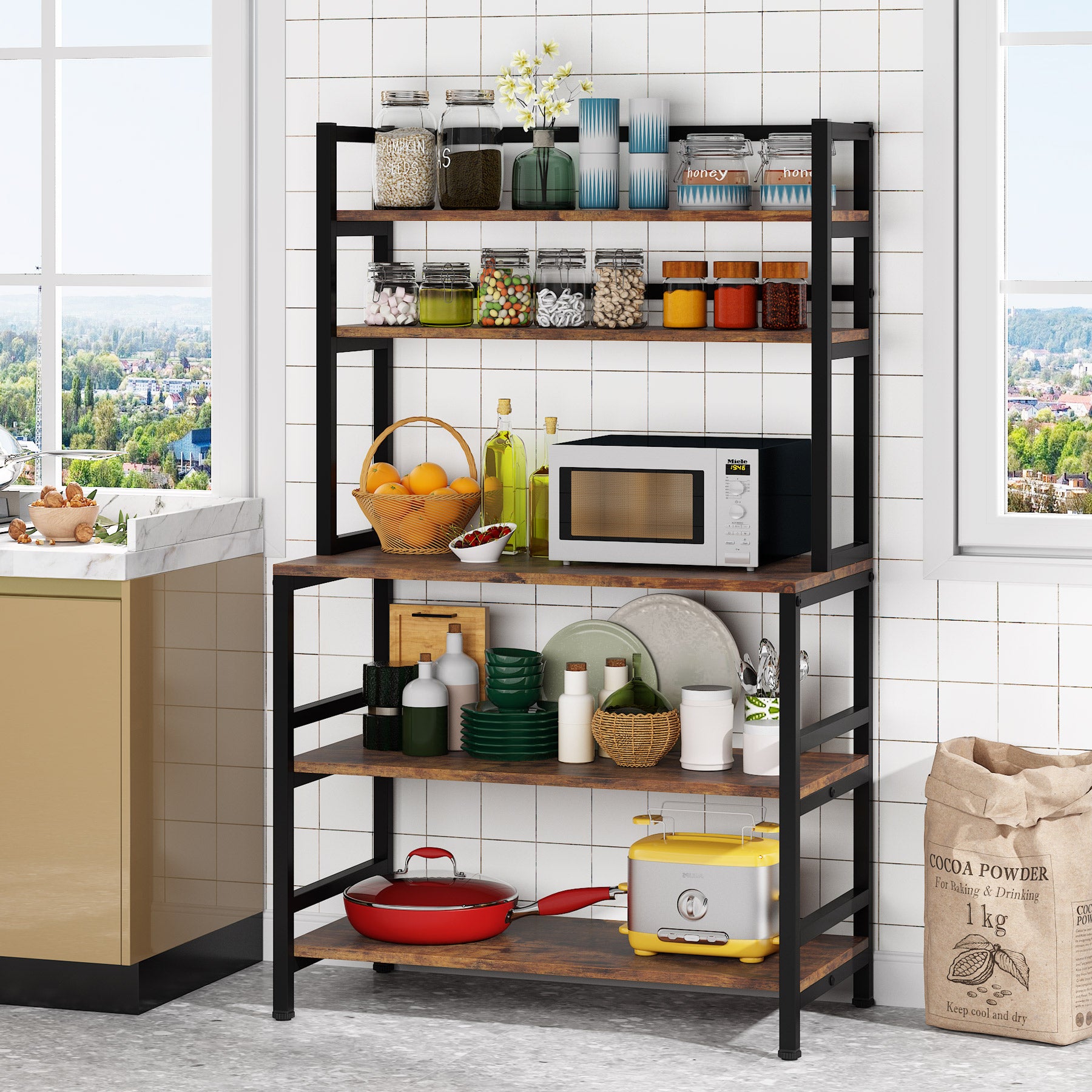 Freestanding Kitchen Baker's Rack, 5-Tier Microwave Oven Stand with Hutch