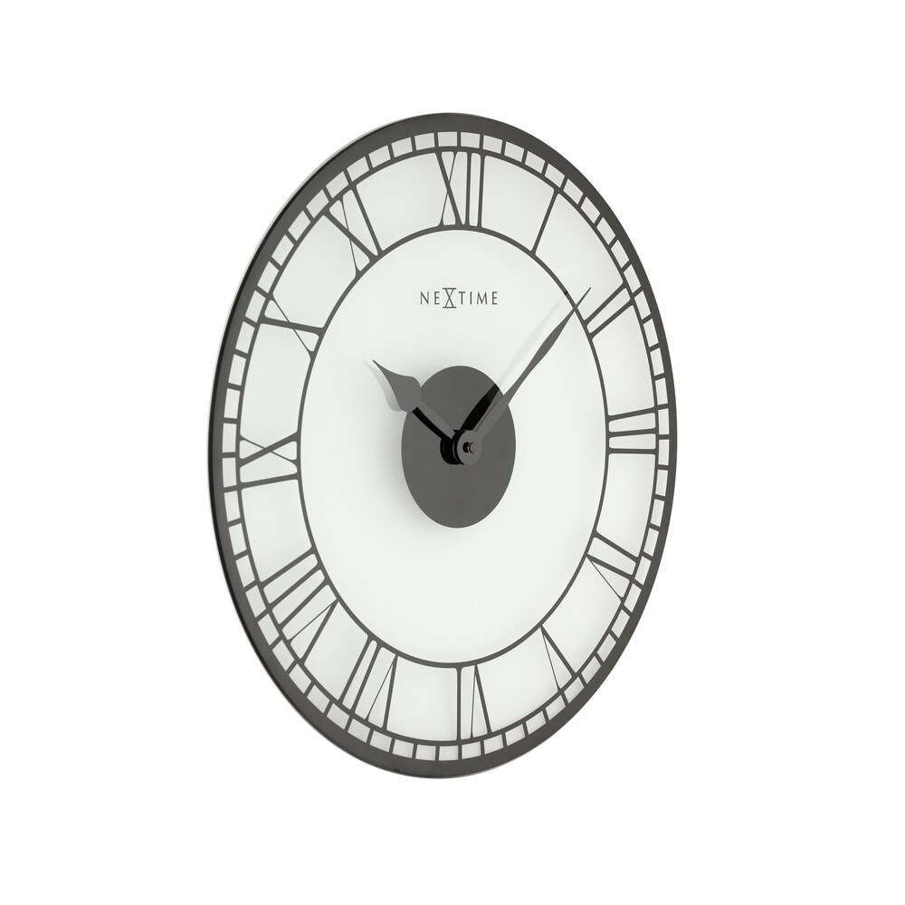 Unek Goods NeXtime Big Ben Decorative  Round Wall Clock  Black Hands on Frosted Glass  Black Roman Numerals  Battery Operated