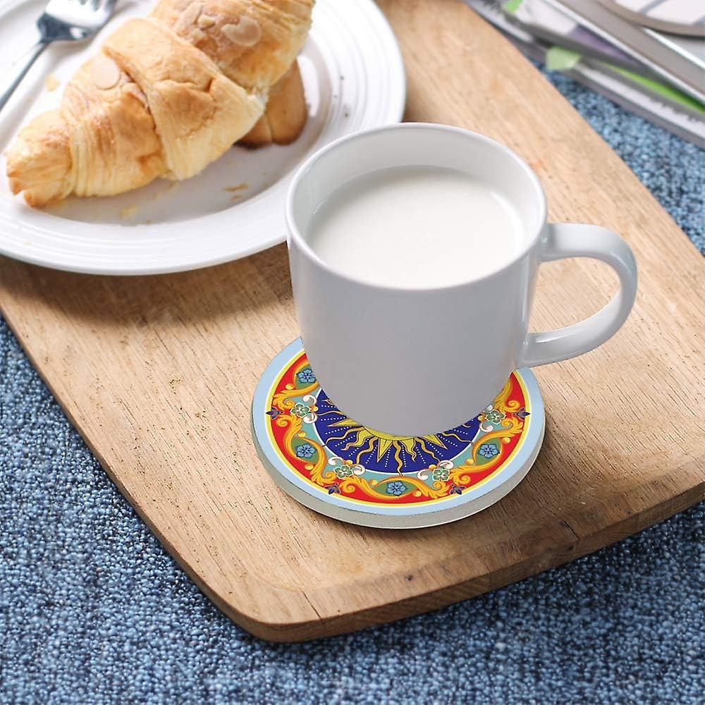 Printed Round Ethnic Sun Ornamental Mandala Ceramic Coasters With Cork-backed For Coffee Drink Cup Mat Absorbent Stone Coaster Set Of 1/2/4