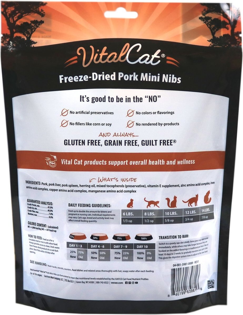 Vital Essentials Vital Cat Freeze-Dried Pork Mini Nibs Cat Food， 8-oz bag