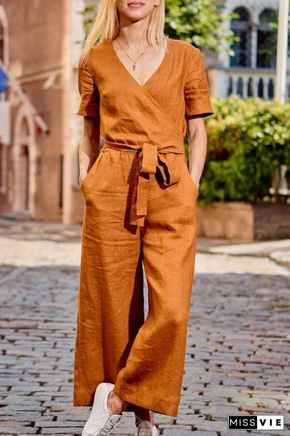 Loose Linen Wrap Jumpsuit