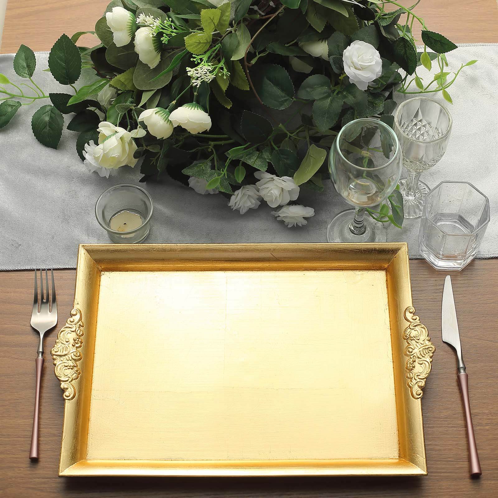 2 Pack Gold Rectangle Decorative Acrylic Serving Trays With Embossed Rims 14