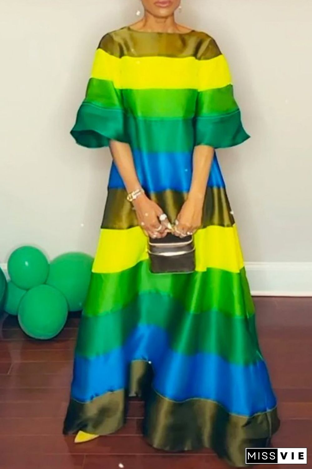 Green Casual Striped Patchwork O Neck A Line Dresses