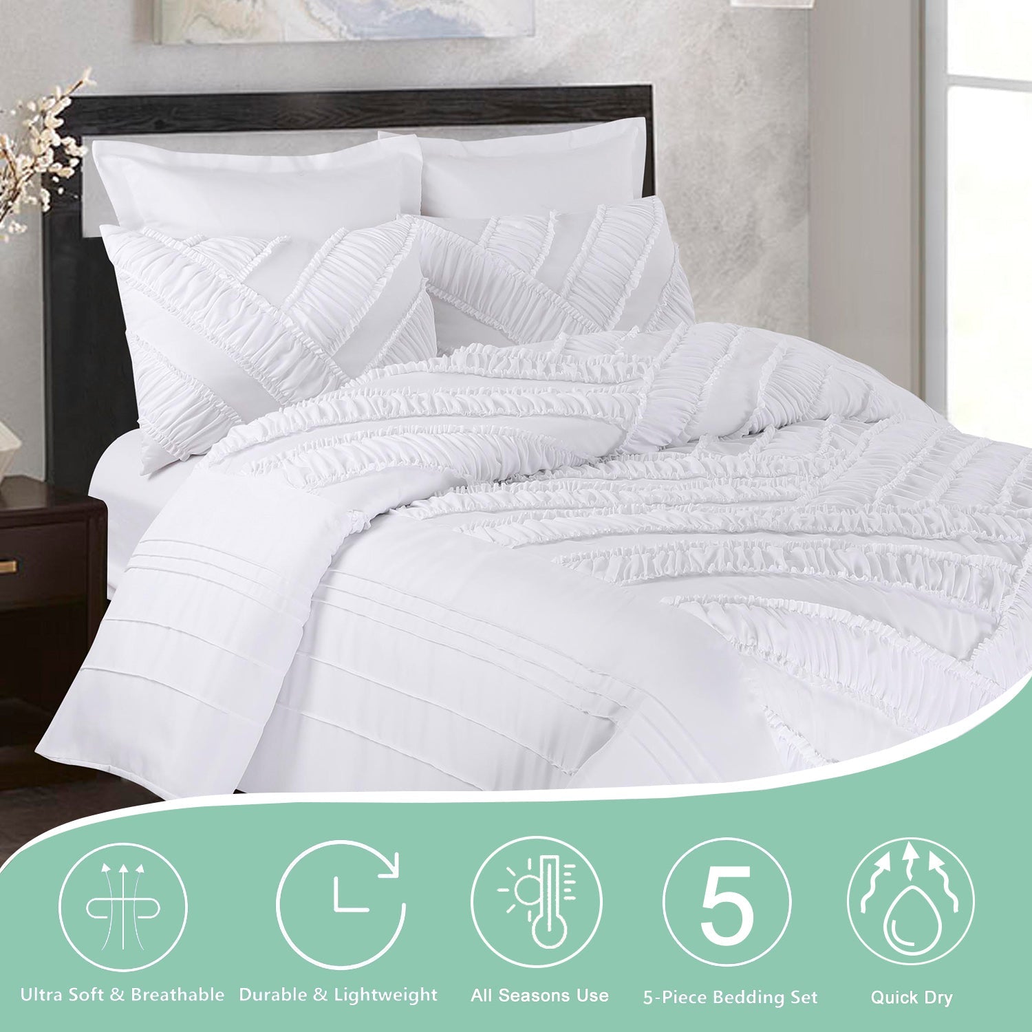 5 Piece Oversize Solid White Handmade Ruffle Comforter Set