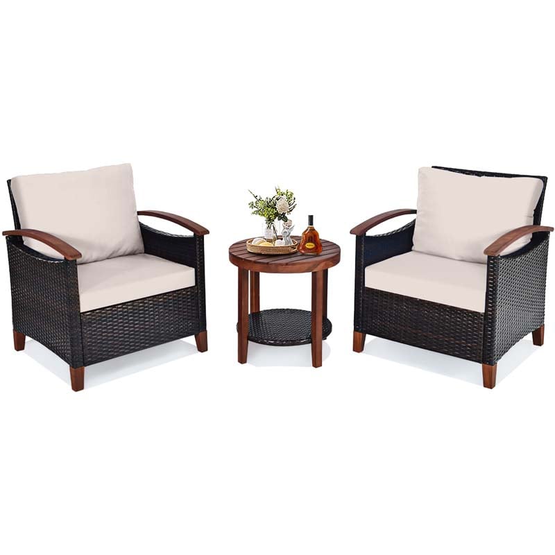 3 Pcs Patio Furniture Set Outdoor Rattan Sofa & Side Table Conversation Bistro Set with Acacia Wood Frame