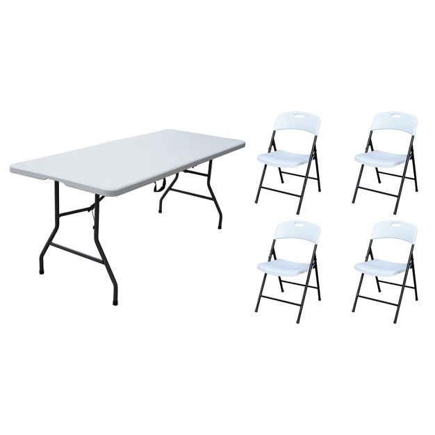 Plastic Development Group 806 Outdoor indoor 6 Foot Fold In Half Plastic Resin Folding Banquet Dining Card Table With 4 Folding Chairs