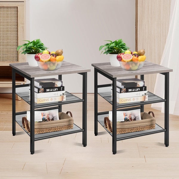 Modern End Table with Adjustable Mesh Shelves，Set of 2