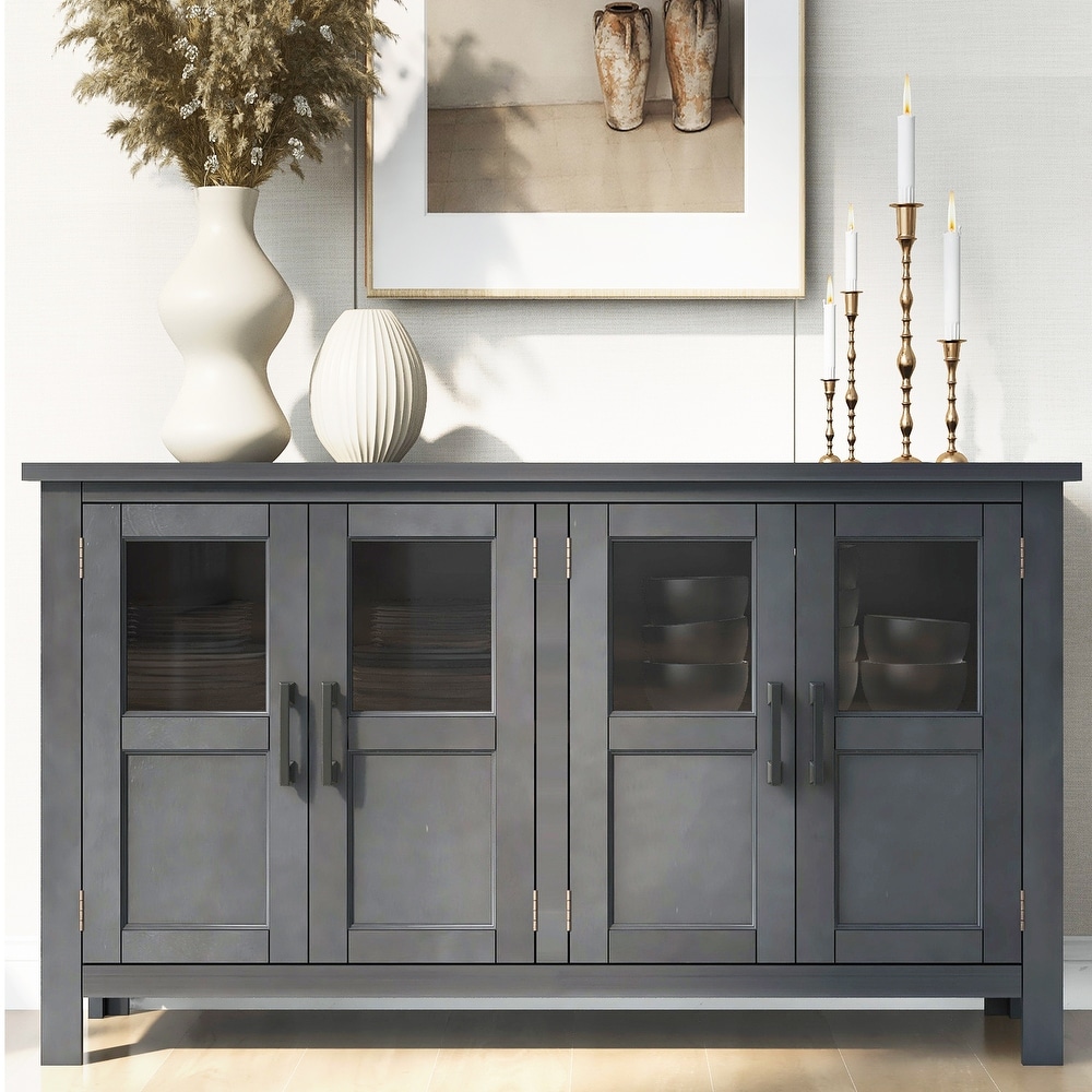 Featured Four Door Storage Cabinet Sideboard with Adjustable Shelf and Metal Handles  Tempering Glass