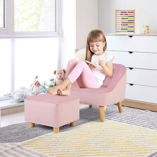 Costway Kids Sofa Chair W Ottoman Toddler Single Sofa Velvet Upholstered Couch Grey pink