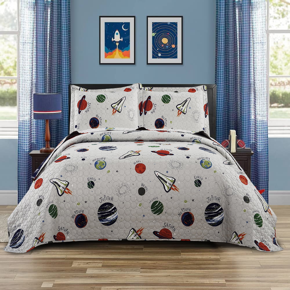 Green Essen 3 Piece Kids Quilt Set Queen/Full Size Reversible Childrens Quilt Lightweight Microfiber Bedspreads Cartoon Coverlet for Boys Girls Home Decor