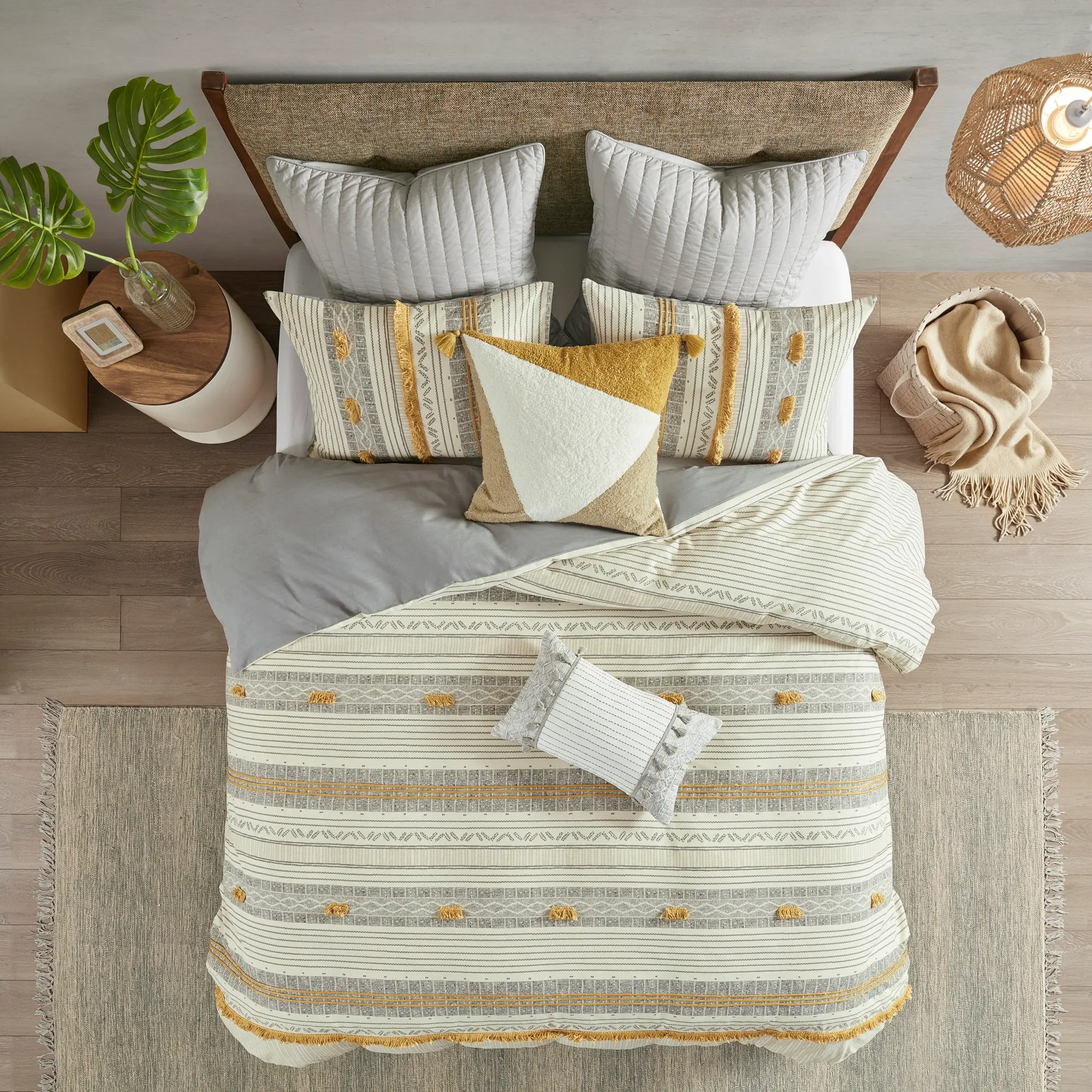 Gray and Yellow Striped Queen Cody 3 Piece Bedding Collection