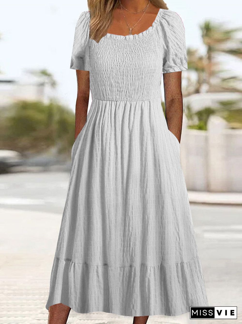 Women Short Sleeve Scoop Neck Casual Midi Dress