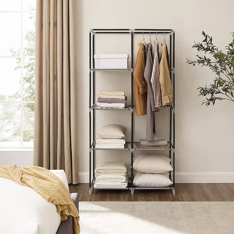 Portable Closet， Wardrobe， Clothes Storage Organizer with 6 Shelves， 2 Clothes Hanging Rails