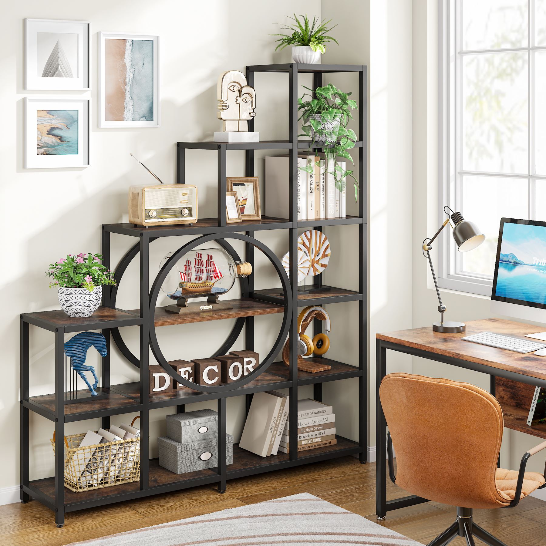 65 Ladder Bookshelf, 6-Tier Bookshelf 12 Cubes Stepped Etagere Bookcase