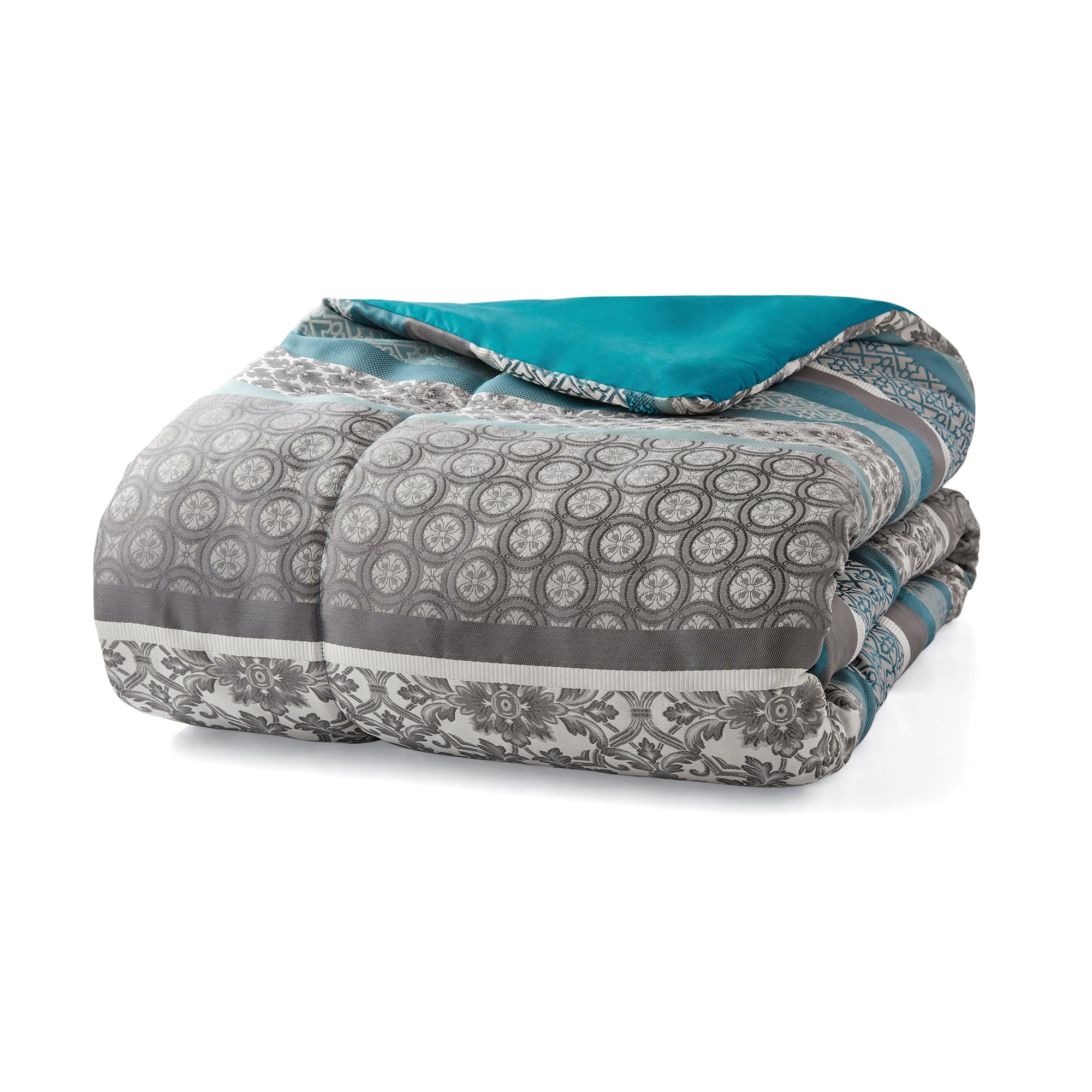 Mainstays 7 Piece Princeton Woven Jacquard Comforter Bed Set， Teal Stripe， Full/Queen