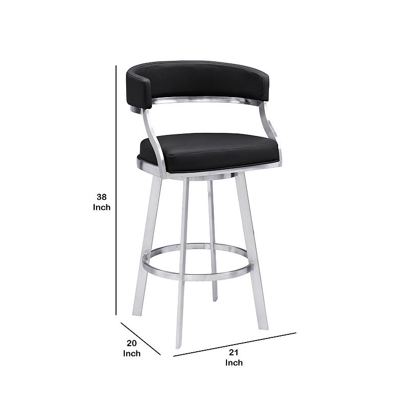 26 Inch Curved Seat Leatherette Swivel Barstool， Silver and Black