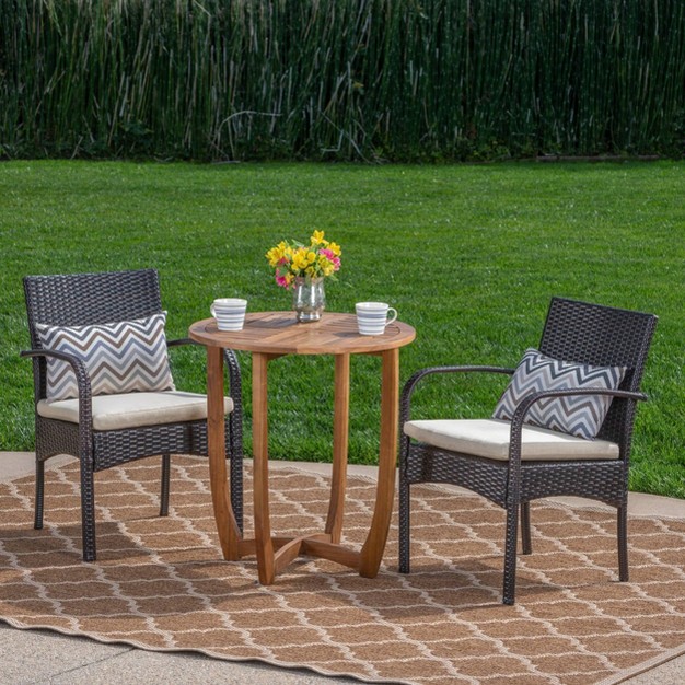 Lindy 3pc Acacia Wood And Wicker Bistro Set Teak cream Christopher Knight Home