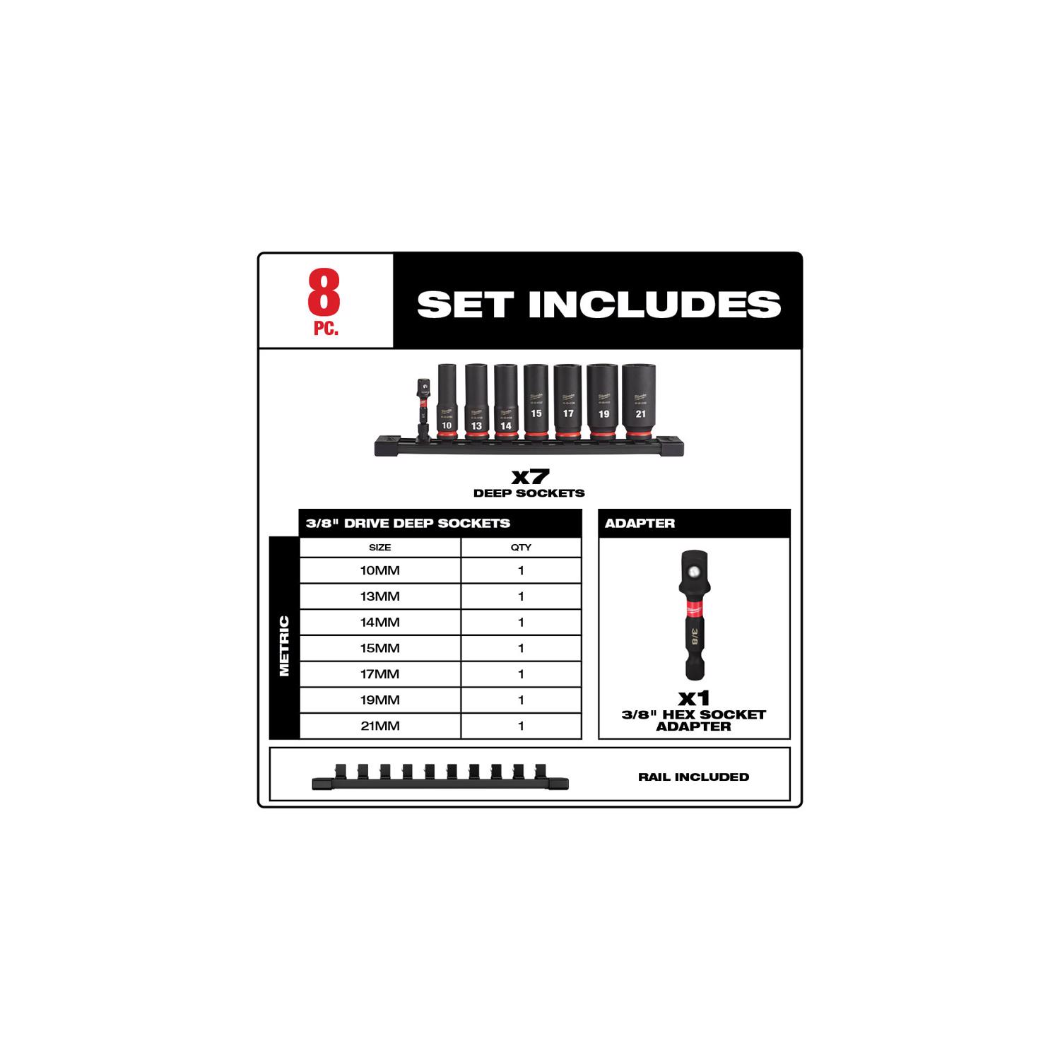 MW 3/8 in. drive Metric 6 Point Socket Set 8 pc