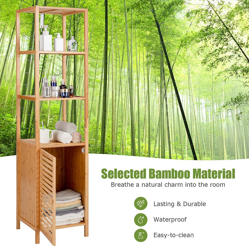 4 Tiers Slim Wicker Floor Storage Cabinet With Shutter Door And Anti-toppling Device-natural