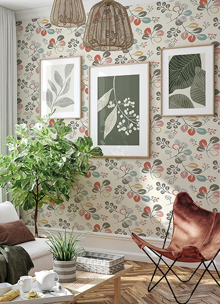 Jonah Multicolor Leaf Trail Wallpaper from Hannah Collection