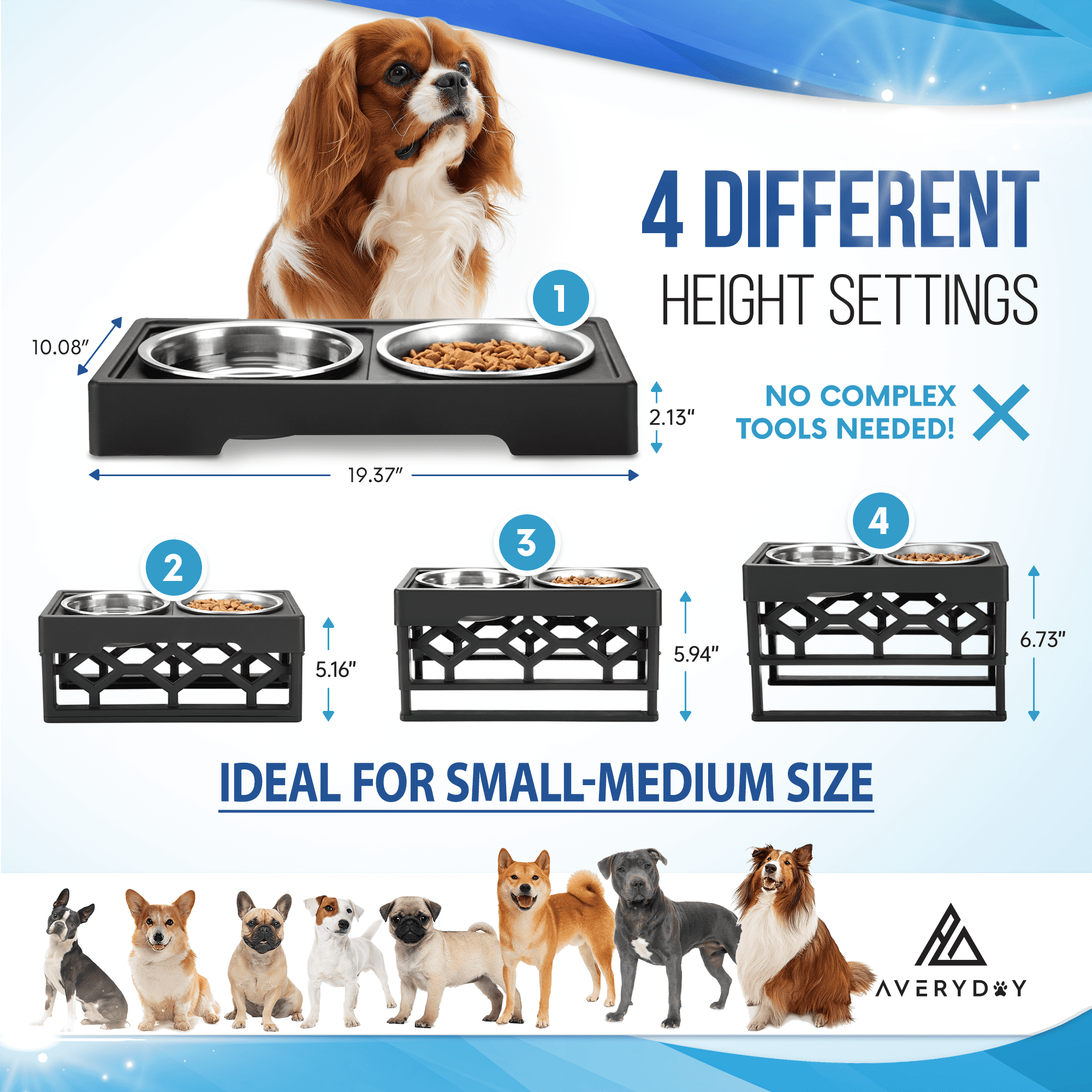 AVERYDAY Small/Medium Elevated Dog Bowl Set Includes 2 Dog Food and Water Bowls, 4 Neater Heights 2.1", 5.6", 6.5", 7.2" of Dog Feeding Station, Raised Dog Food Bowls Stand for Small Medium Sized Dogs