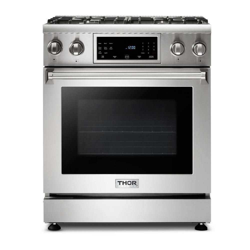 Thor Kitchen Tilt Panel 30-in 4 Burners Freestanding Gas Range with self-cleaning convection oven in Stainless Steel TRG3001