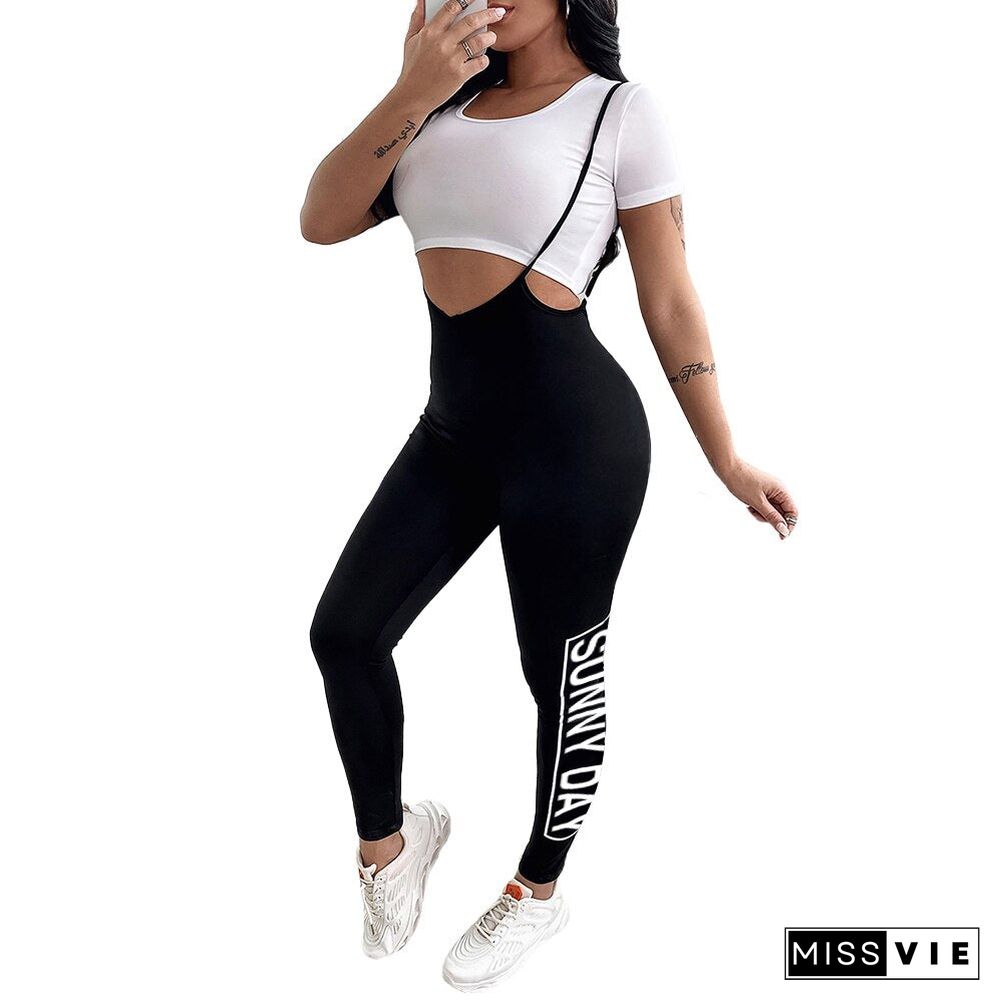 2Pcs Set Women Letter Print High Waist Suspender Skinny Sport Pants Solid Color White Round Neck Short Sleeve Lady Crop Top D30