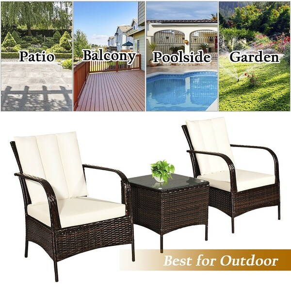 Costway 3 PCS Patio Wicker Rattan Furniture Set Coffee Table and 2