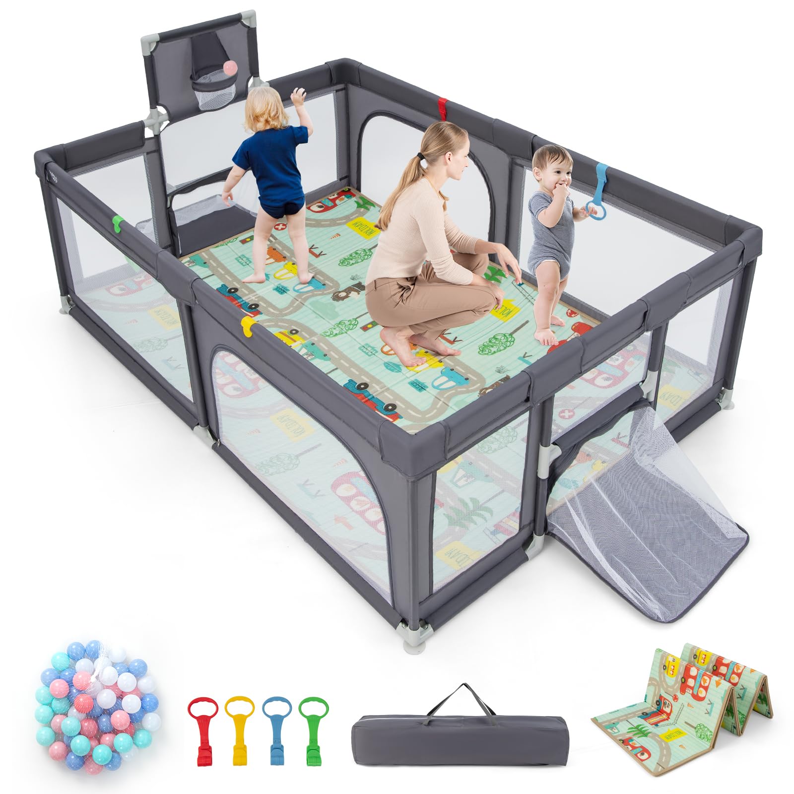 Costzon Large Baby Playpen with Mat, Playpen for Babies and Toddlers w/Basketball Hoop & Soccer Nets