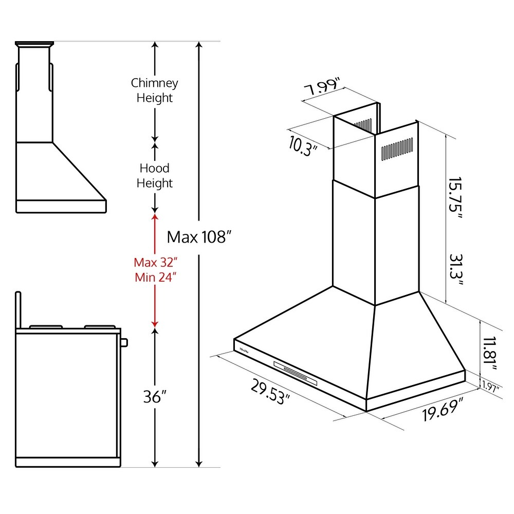 HisoHu 30 inch Vent Wall Mount Range Hood 780 CFM with Ducted / Ductless Convertible   30''