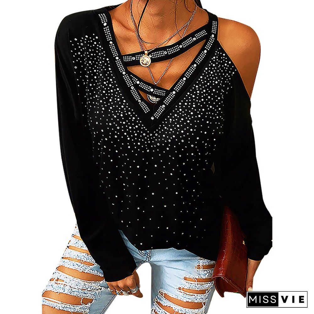 Elegant Sexy V Neck Tops For Women Solid Off Shoulder T-Shirts Long Sleeve Irregular Bling Bling Shirt Hollow Female Streetwear