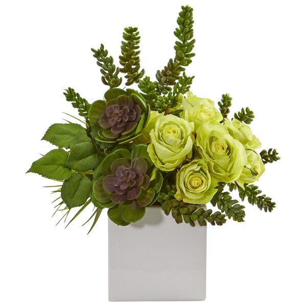 14 Rose and Succulent Artificial Arrangement in White Vase