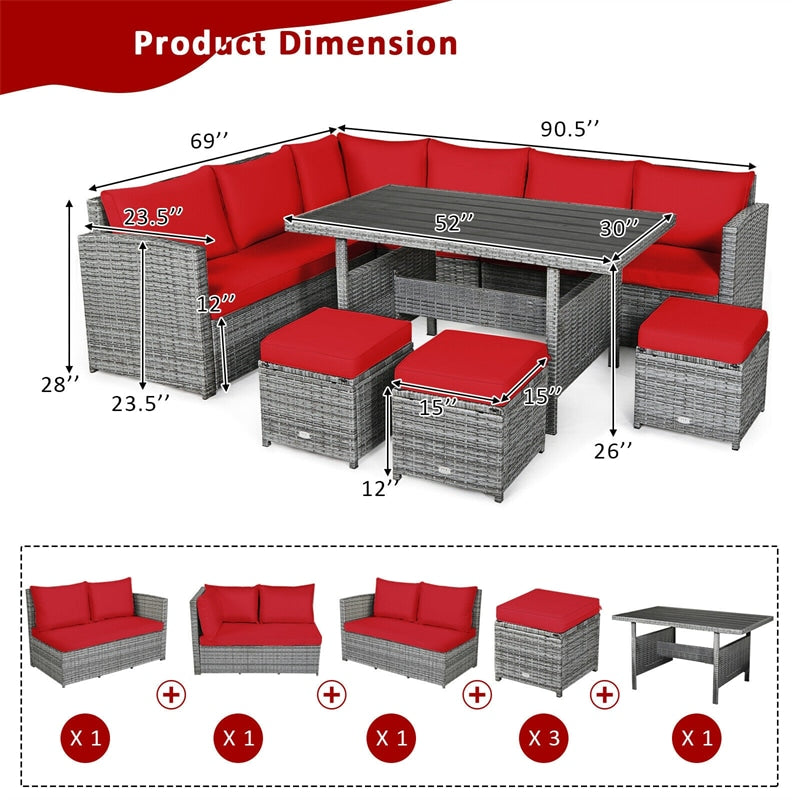 7 Pcs Rattan Patio Dining Furniture Sectional Sofa Set with Dining Table, Ottomans & Cushions