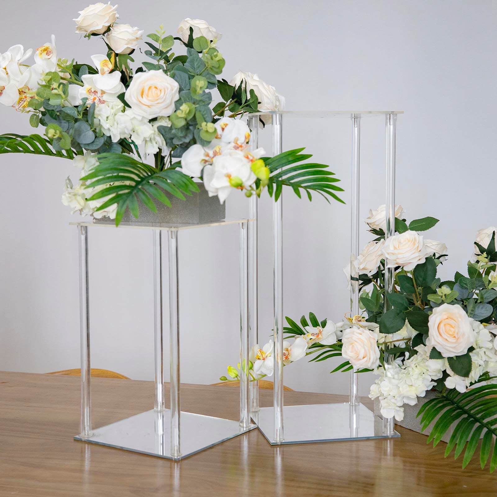 Clear Acrylic Flower Vase Pillar Column Stand With Square Mirror Base, Wedding Table Centerpiece 16