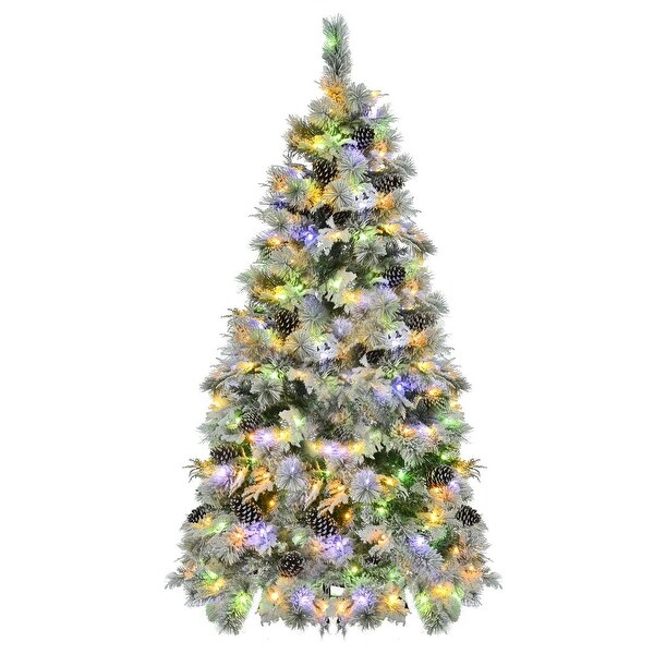 4/6/7.5FT PreLit Spruce Snow Flocked Christmas Tree，PE and PVC Artificial Lighted Xmas Tree with Cones，11 Flashing Modes