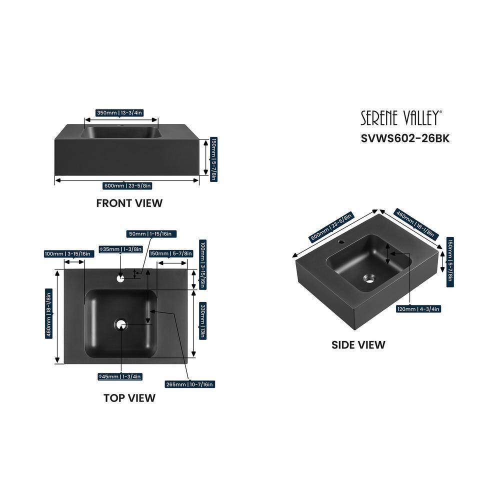 SERENE VALLEY 26 in. Wall-Mount Install or On Countertop Bathroom Composite Sink with Single Faucet Hole in Matte Black SVWS602-26BK