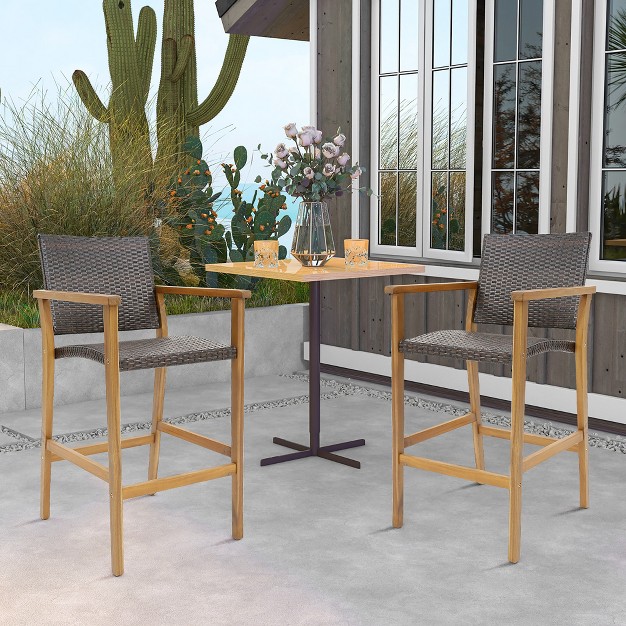 Tangkula Patio Rattan Bar Stool Set Of 2 Outdoor Pe Wicker Bar Chairs W Armrests amp Sturdy Footrests