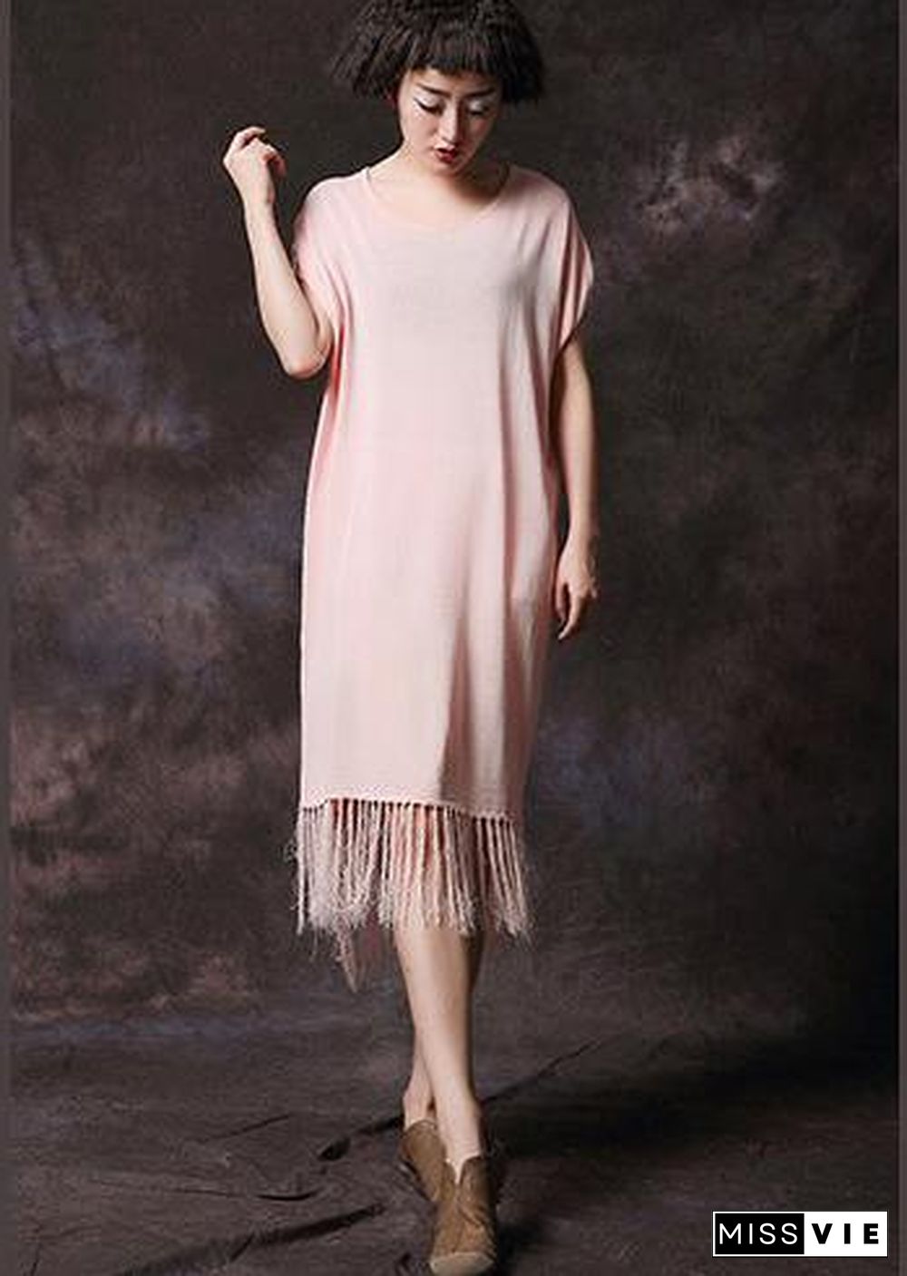 Simple pink tassel cotton Long Shirts o neck loose summer Dress