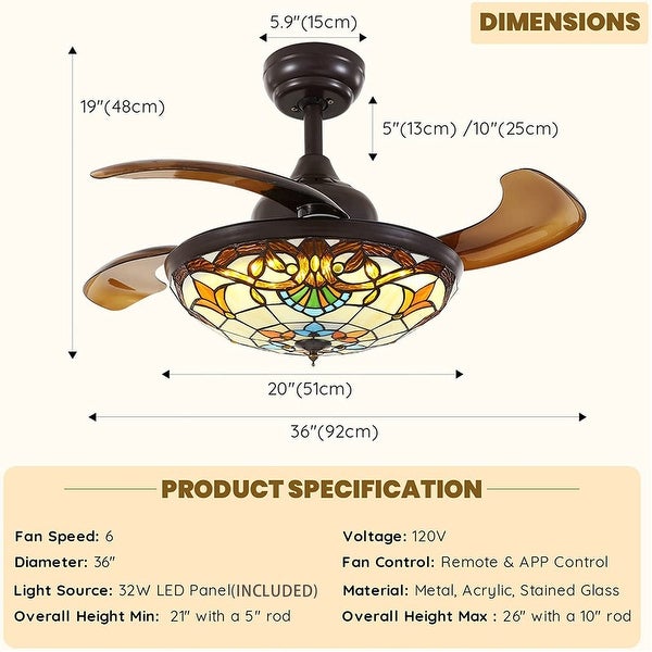 36'' Retractable  Ceiling Fan with Light and Remote Reversible Stained Chandelier Fan with Dimmable LED Light Shopping - The Best Deals on Ceiling Fans | 40911142