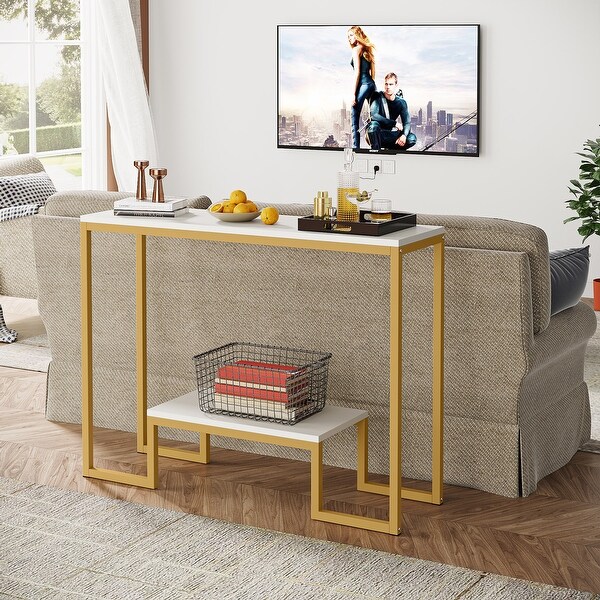 White/ Gold Faux Marble 2-Tier Console Accent Table with Open Storage Shelf， Mid -century Modern Entraway Table