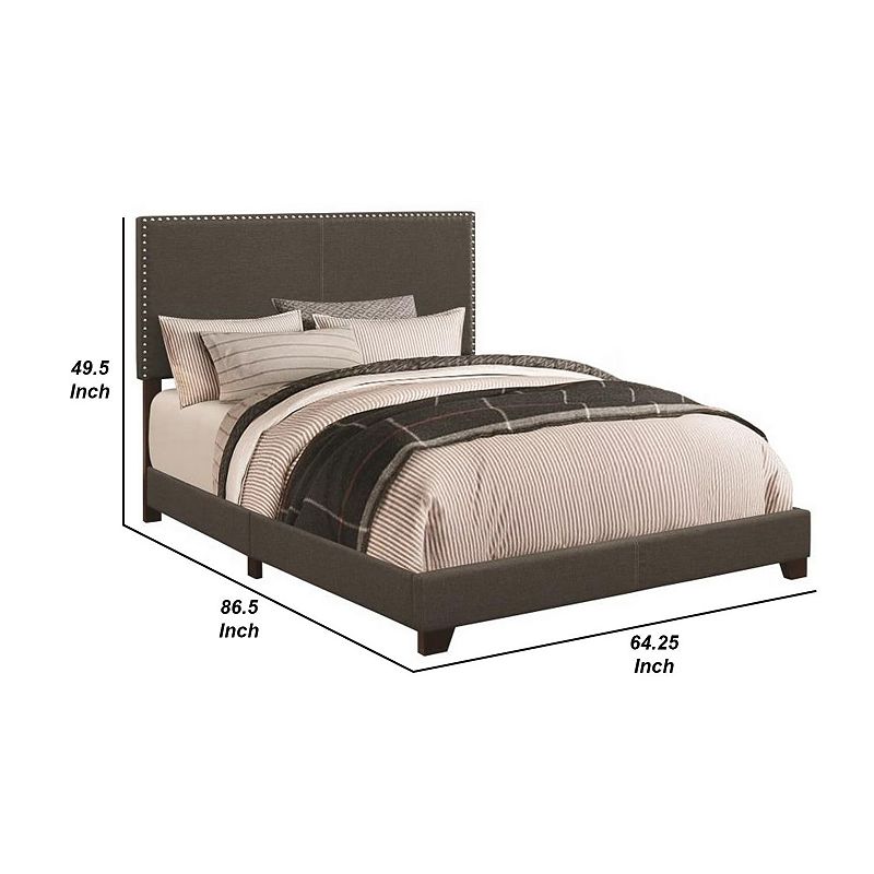 Fabric Upholstered Queen Size Platform Bed with Nail Head Trim， Charcoal Gray