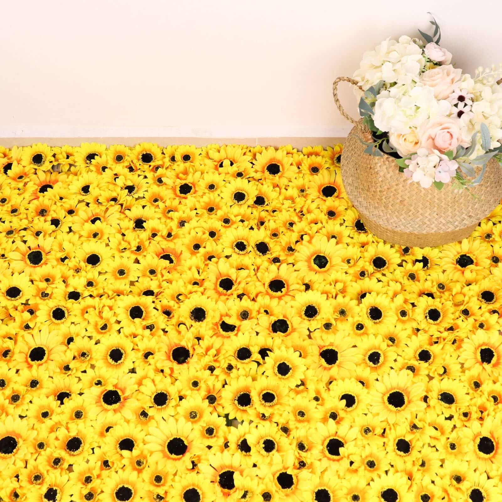 Artificial Sunflower Wall Mat Backdrop, Flower Wall Decor, Indoor/Outdoor UV Protected 4 Artificial Panels 11 Sq ft.